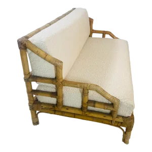 French Rattan Chippendale Settee Reupholstered in Boucle