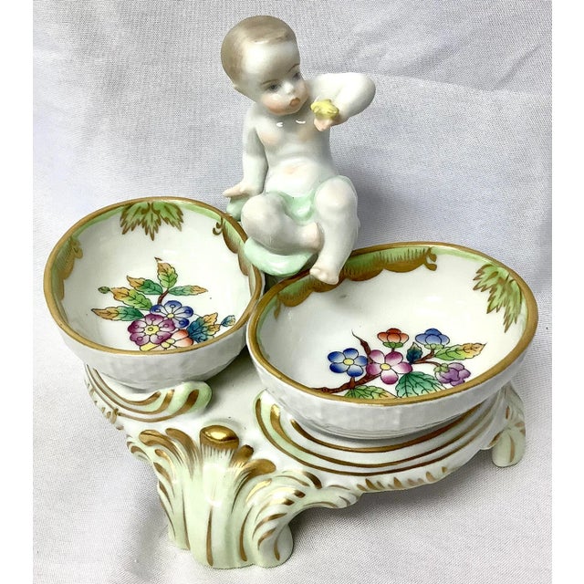 Traditional Vintage Herend Queen Victoria Porcelain Twin Salt Cellar With Cherub For Sale - Image 3 of 8