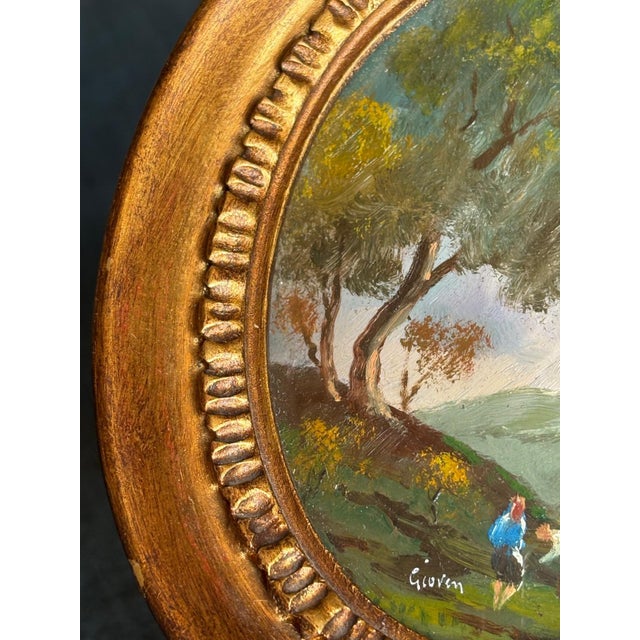 Vintage French Miniature Oil Painting, Signed Bucolic Landscape in Original Oval Gilt Frame For Sale - Image 9 of 10