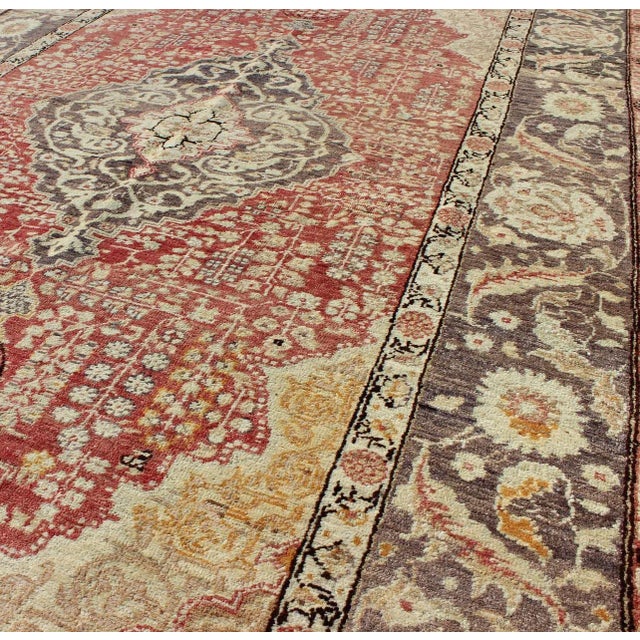Mid 20th Century Vintage Turkish Oushak Rug With Intricate Floral Design in Red and Charcoal For Sale - Image 5 of 7
