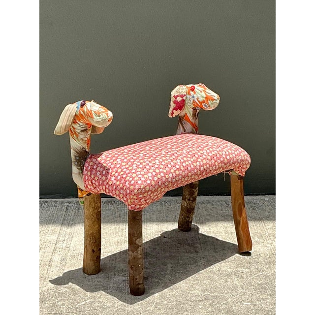 Vintage Handcrafted Textile and Wood Animal Bench For Sale - Image 4 of 18
