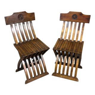 Antique Italian Folding Chairs in Carved Wood, 20th Century, Set of 2 For Sale