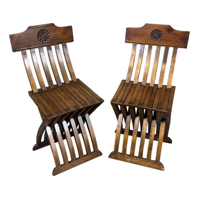 Antique Italian Folding Chairs in Carved Wood, 20th Century, Set of 2 For Sale