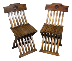 Antique Italian Folding Chairs in Carved Wood, 20th Century, Set of 2