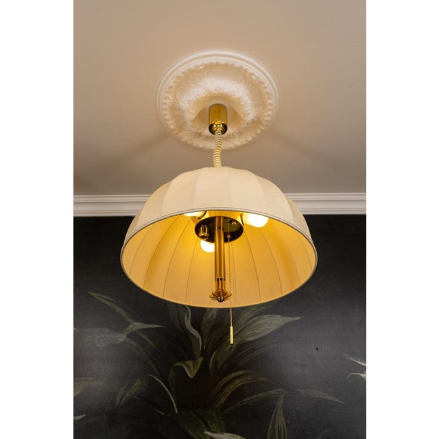 Beige Large Brass and Fabric Lampshade Five-Light Adjustable Height Pendant Lamp, 1980s For Sale - Image 8 of 18