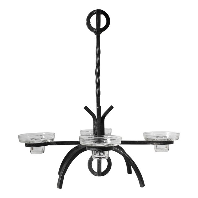 Brutalist Cast Iron Candle Chandelier, 1950 For Sale