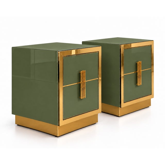 Gold Olive Green Glass Nightstand with Recessed Brass Plinths, Italy, Set of 2 For Sale - Image 8 of 11