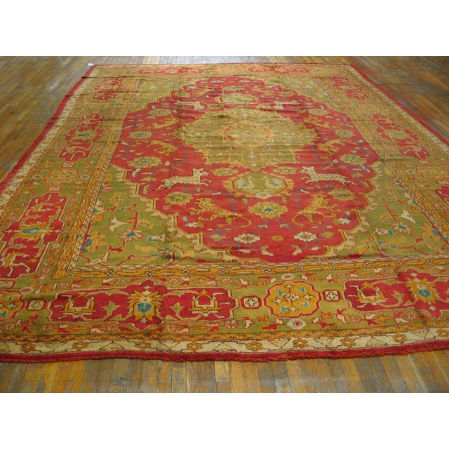 Turkish 1900s Green Red Animalistic Antique Turkish Oushak Rug 11' 8"x 16' 3" Handknotted Wool Carpet For Sale - Image 3 of 7