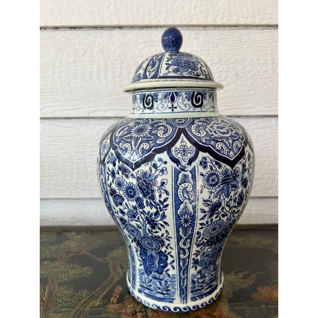 English Vintage Large Delft Ginger Jar Vase Blue & White Floral Royal Sphinx Lidded Urn For Sale - Image 3 of 18
