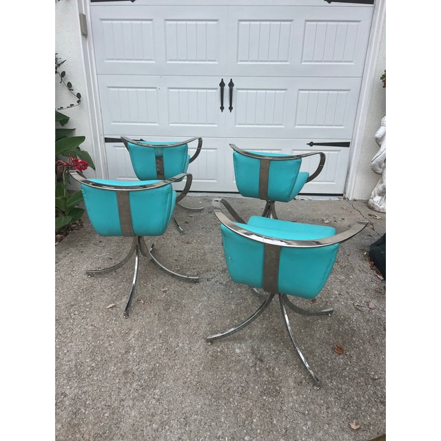 1970s Collection of Blue Leather and Chrome Chairs For Sale - Image 4 of 7