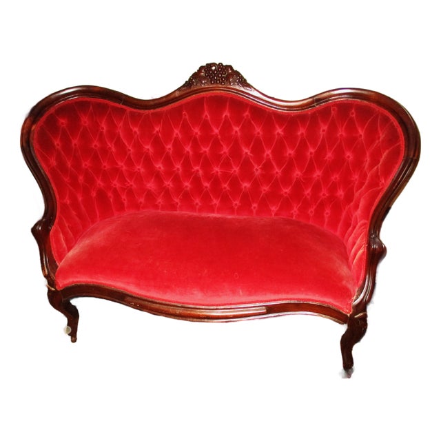 Antique Victorian Carved Walnut Red Velvet Tufted Love Seat For Sale