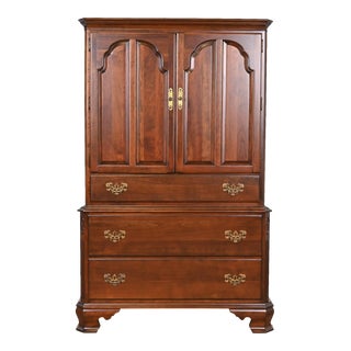 Ethan Allen Georgian Carved Solid Cherry Wood Gentleman's Chest, Newly Refinished For Sale