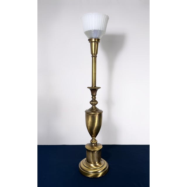 1950s Complete Stiffel Brass Torchiere With Original Waffle Weave Diffuser, Original Drum Shade and Finial For Sale - Image 5 of 13