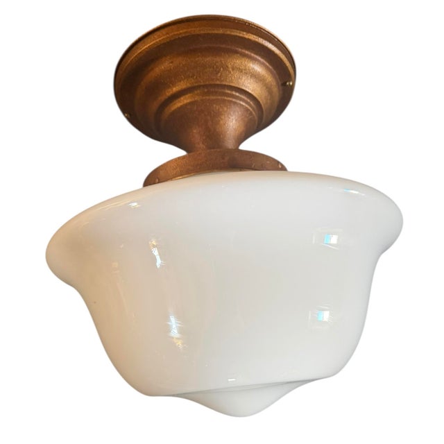 Early 20th Century Pair of Vintage Milkglass Ceiling Light Fixtures With Original Brass Holders For Sale - Image 5 of 6