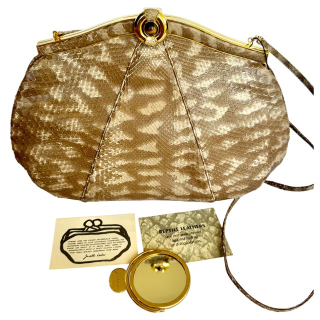 Metal 90s Judith Leiber Pouch Snakeskin Tan Beige Clutch Shoulder Bag Tiger Eye Gemstone Vintage For Sale - Image 7 of 16