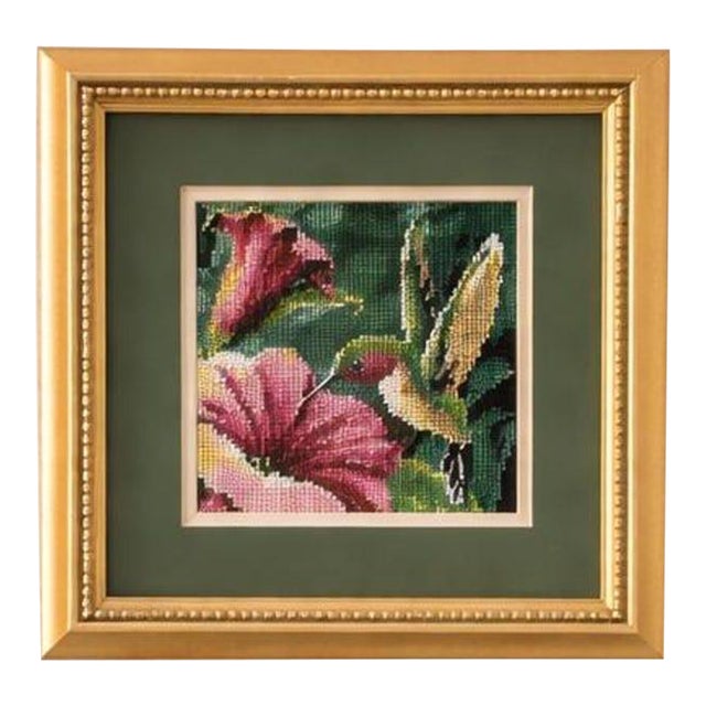 Vintage Framed Hummingbird Needlepoint Art | Botanical Bird Textile Wall Decor For Sale