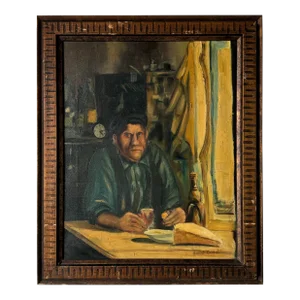 1960's Harriet Zimmel Man Hanving Breakfast - Portrait Oil Painting, Framed