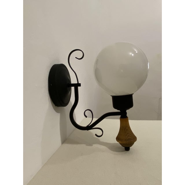 Vintage Opal Glass Globe Wall Lamp with Wood Detail, Europe, 1970s For Sale - Image 10 of 16