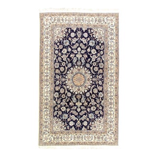 Navy Persian Nain Silk & Wool 6'6'' X 10'6'' For Sale