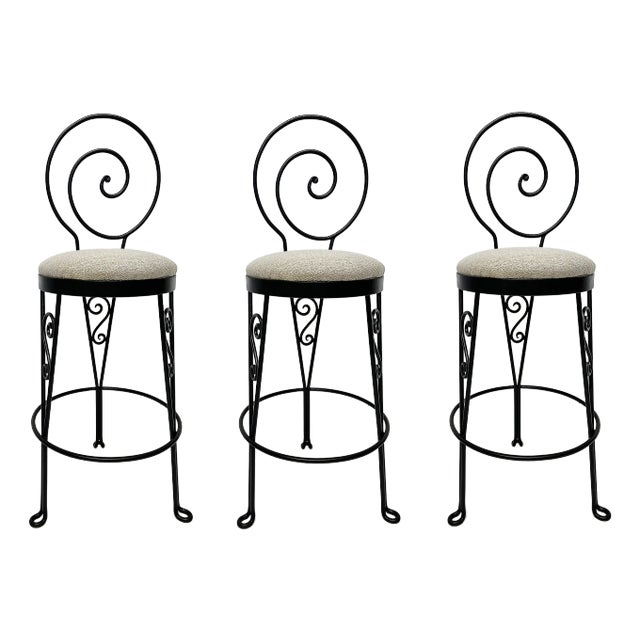 Mid-Century Modern Sculptural Wrought Iron Bar Stools, Set of 3 For Sale