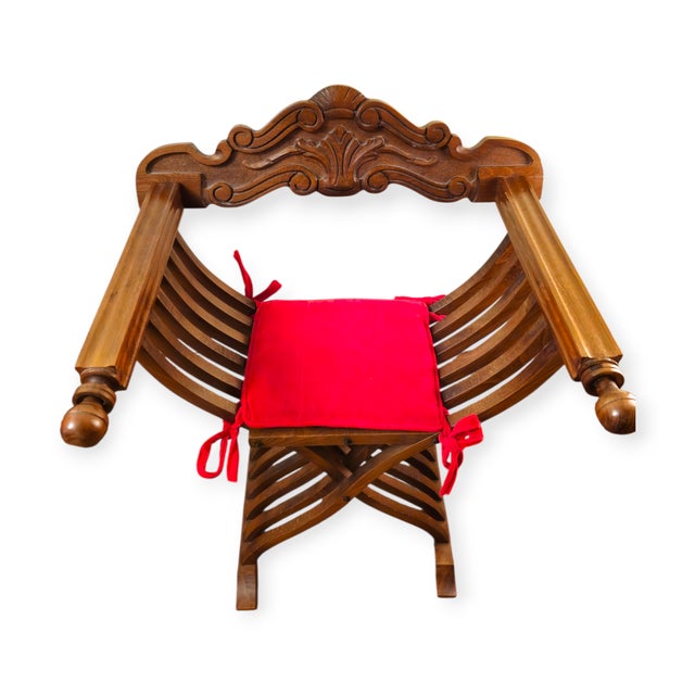 Brown Pair of 1980s Renaissance Revival Style Wooden Folding Chairs With Red Cushions For Sale - Image 8 of 12