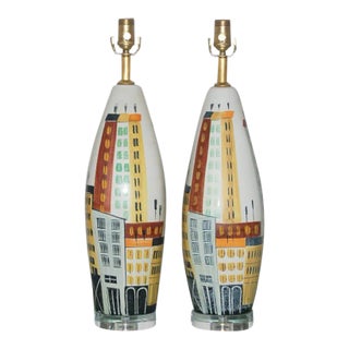 Bitossi Italian Ceramic Cityscape Table Lamps For Sale