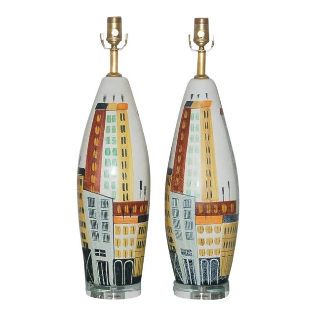 Bitossi Italian Ceramic Cityscape Table Lamps For Sale
