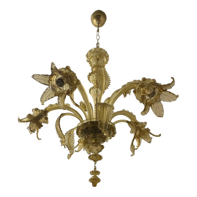 Murano Glass Chandelier, Amber, With Floral and Leaf Accents For Sale