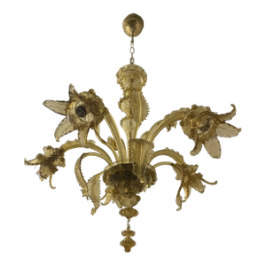 Murano Glass Chandelier, Amber, With Floral and Leaf Accents