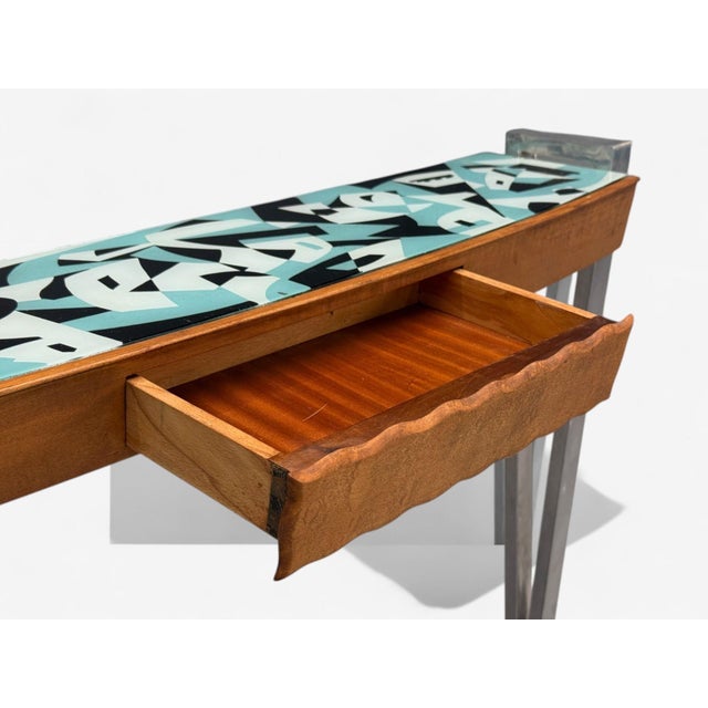 Wood Italian Modern, Painted Glass, Ash Wood, Metal, Console Table, Italy, 1960s For Sale - Image 7 of 10