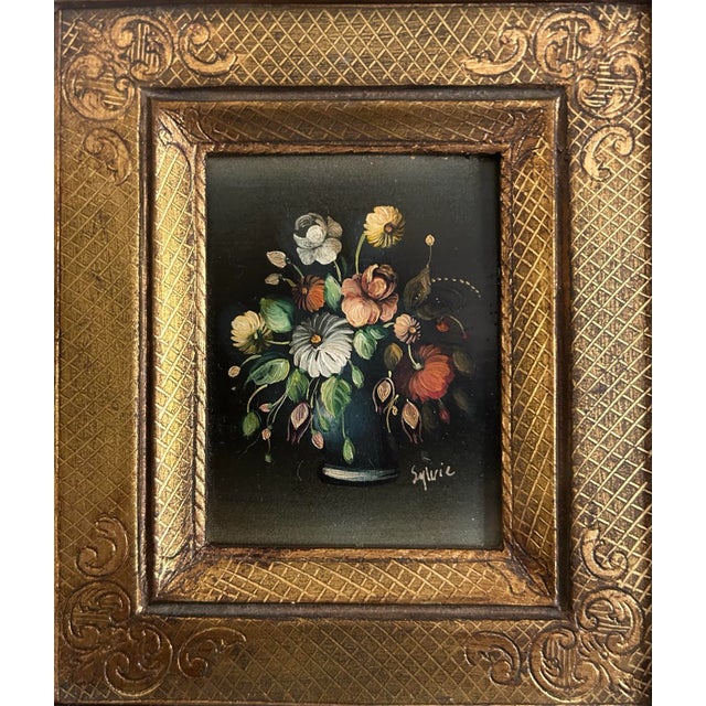 Vintage Miniature Italian Floral Still Life Oil Painting in Gold Frame For Sale - Image 4 of 7