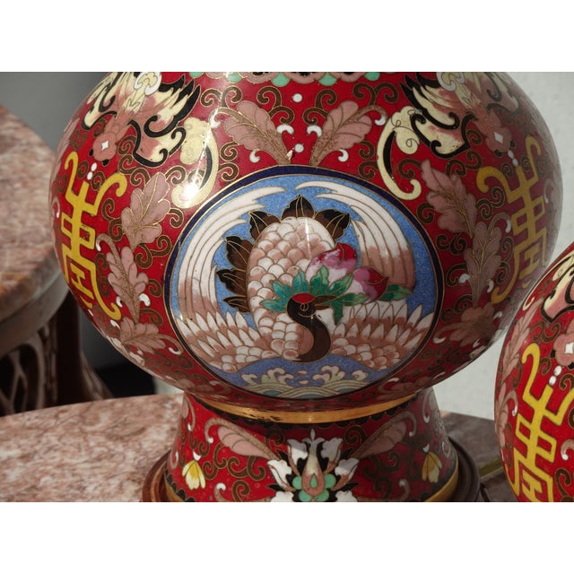 Red Vintage Asian Chinoiserie Cloisonne Red Table Lamps - a Pair For Sale - Image 8 of 15