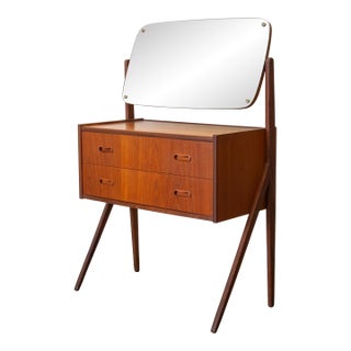 1960s Danish Teak Vanity / Dressing Table With Adjustable Mirror For Sale