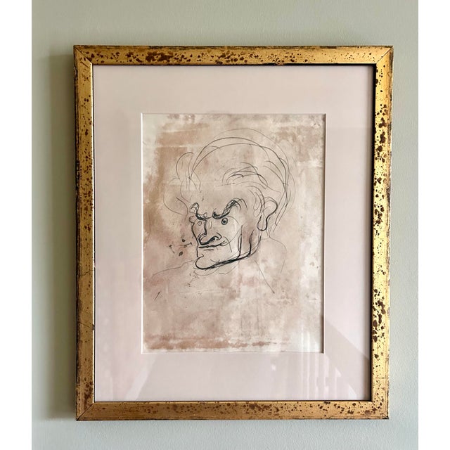 Interesting old pen and ink portrait caricature sketch of an unknown male in an antiqued gold frame. The overall...