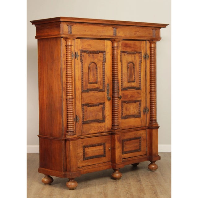 High Quality Antique 17th or Early 18th Century Swiss Four Door Cabinet with Barley Twist Columns on Bun Feet, Hand Forged...