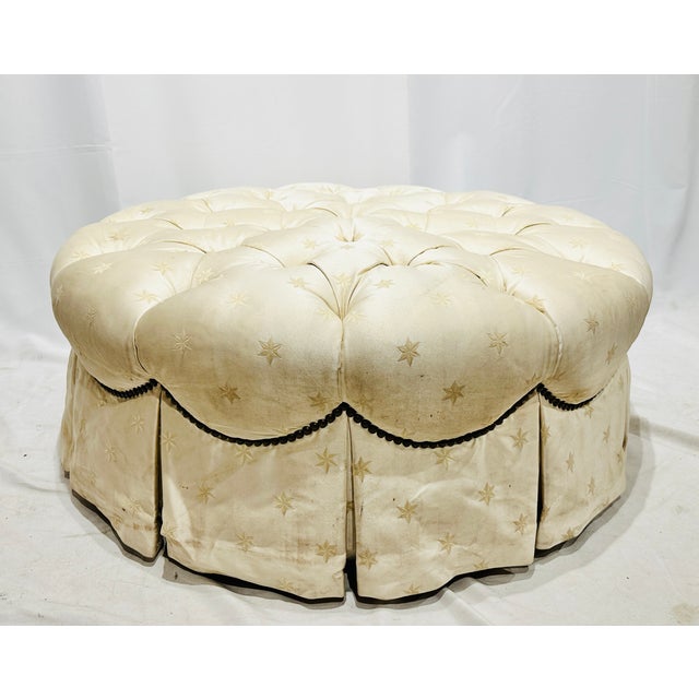 Traditional Vintage Silk Tufted Button Top Circular Ottoman For Sale - Image 3 of 5