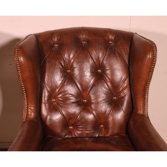 1990s Vintage Wingback Chesterfield Chairs in Brown Leather, 1990s, Set of 2 For Sale - Image 5 of 11