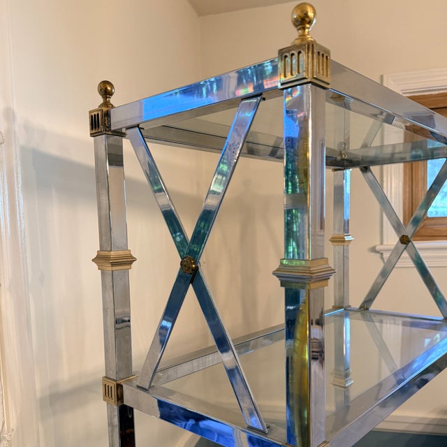 Metal Vintage Hollywood Regency Chrome, Brass & Glass Étagère For Sale - Image 7 of 8