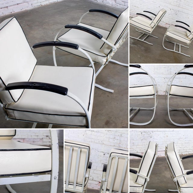 Early to Mid-20th Century Art Deco Streamline Moderne Springer Base Black & White Lounge Chairs Attributed to Wolfgang Hoffman For Sale - Image 14 of 18