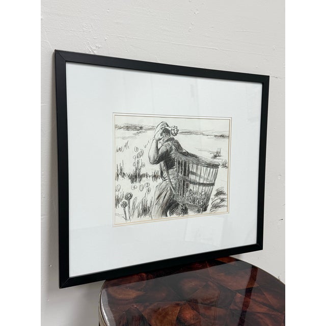 Realism Drawing of European Laborer in Charcoal, Framed For Sale - Image 3 of 12
