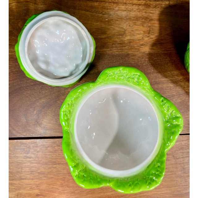 Ceramic Vintage Green Cabbage Lidded Pottery Bowls - a Pair For Sale - Image 7 of 9