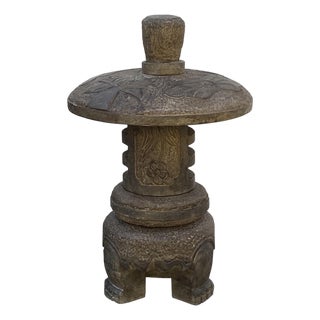 24" Distressed Stone Round Lotus Pattern Stack Lantern Display Art For Sale