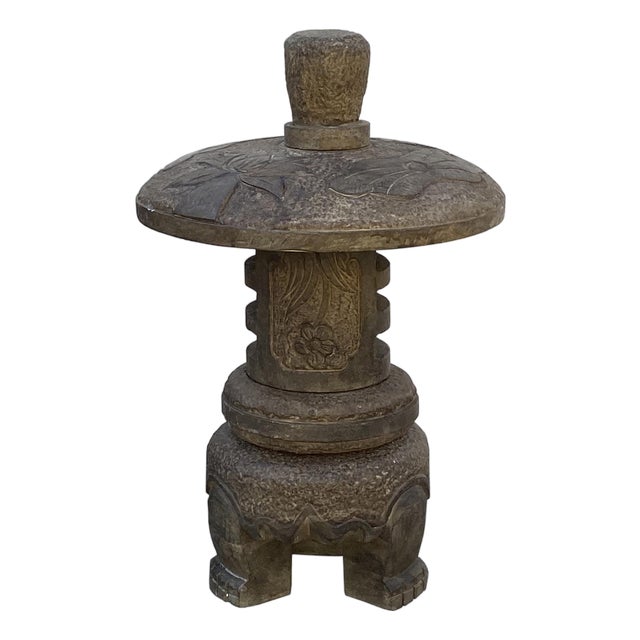 24" Distressed Stone Round Lotus Pattern Stack Lantern Display Art For Sale