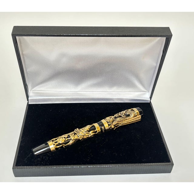 Dragon Motif Fountain Pen, Gold Overlay on Black, Acura, Mint in Box Circa 1990 For Sale - Image 9 of 18