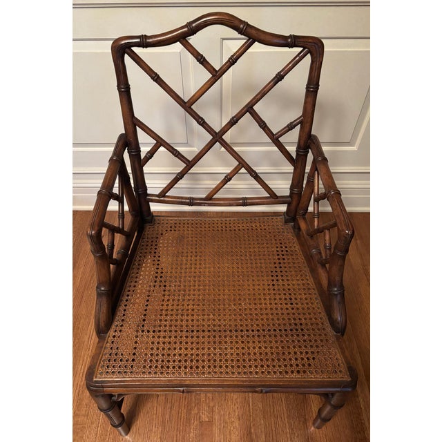 1970s Pair of Mid-Century Faux Bamboo Chinese Chippendale Style . Arm Chairs For Sale - Image 9 of 10