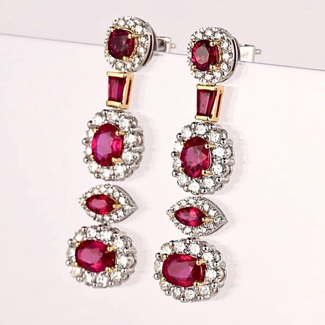 Contemporary 9.4 Carat Burma Ruby and Diamond Multi Shape Drop Earrings, A Pair For Sale - Image 3 of 7