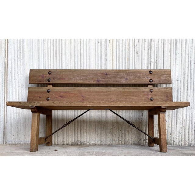 20th Pair Of Spanish Park Or Garden Benches With Wood Slabs Iron Stretchers