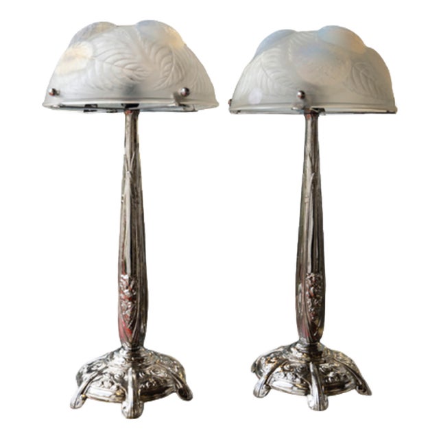 Dahlias Lamps in Opalescent Glass by René Lalique, 1921, Set of 2 For Sale