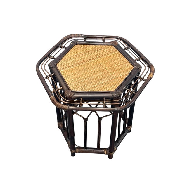 Vintage Hexagonal Organic Rattan Side Table With Woven Inset Top – Hollywood Regency For Sale - Image 11 of 12