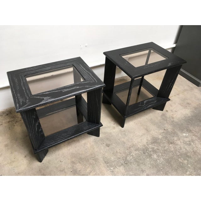 1980s Pair of Petite Black Cerused Oak Postmodern Side Tables With Smoke Glass Inserts – 1980s For Sale - Image 5 of 11
